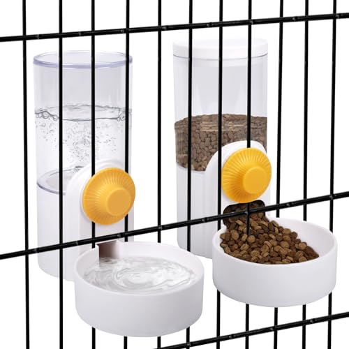 DricRoda Pet Feeder Waterer Hanging Dog Cat Food Water Dispenser, Automatic Gravity Feeder Waterer Set for Cage Pets, Travel Food Water Bowl Rabbit Feeder for Ferret Small and Medium Animals, White