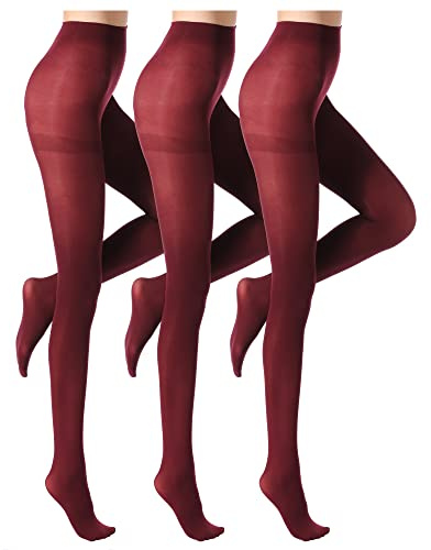 ZIHUA 3 Pairs Opaque 40 Denier Burgundy Tights for Women, Control Shaping Ladies Tights(Burgundy, S)