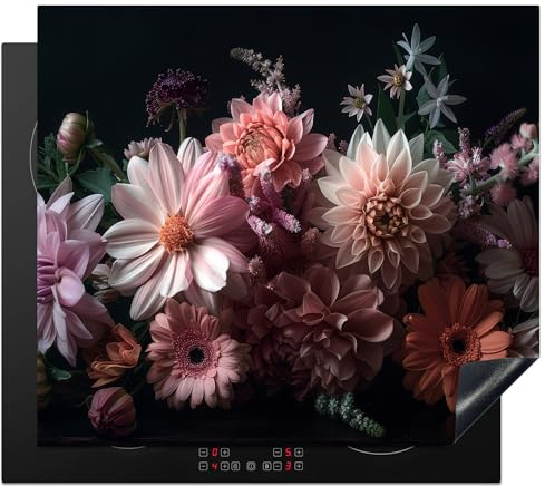 KitchenYeah© Coperchio Piano Cottura 60x52 cm Cucina Copri Fornelli Tappetino Induzione Antiscivolo Piastra Protezione Fiori - Natura - Rosa - Nero - Dahlia