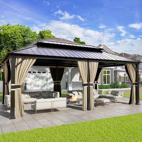 UDPATIO 3,65 x 6 m trädgårdspaviljong vattentät stabil vintersäker hård topp paviljong, galvaniserat stål, dubbeltak aluminium paviljong med myggnät och gardiner för trädgård, terrass, gräsmatta,