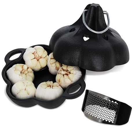 Potted Pans Garlic Roster, Pre-Seasoned Cast Iron Garlic Roaster and Garlic Press, Heavy Duty Garlic Roaster with Lid, Garlic Baker Garlic Cooker for Oven, Grill, Stove, BBQ