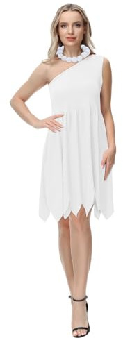 Funhoo Wilma Abito Monospalla Bianco Senza Maniche con Collana Famiglia di Cavernicoli Costume di Coppia Primitivo Personaggi dei Cartoni Animati donna Costumi Divertenti per Adulti (Bianco, XL)