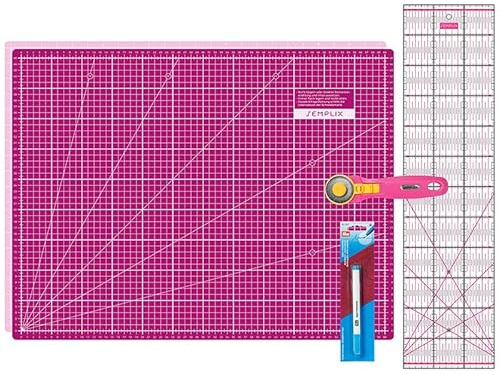 SEMPLIX Skärmattor set – skärunderlägg 60 x 45 cm (A2), rullskärare maxi, lapptäcke linjal + PRYM Aqua-trickmarkör (rosa/bär)