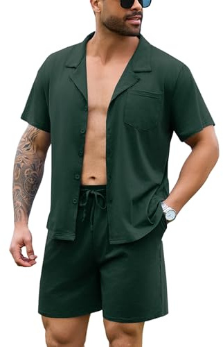 Irdcomps Pyjama Homme Coton Court Ete Ensemble de Pyjamas été Vêtements De Nuit Vêtements de détente à Manches Short Pyjama Loungewear 2 Pièces Confortable Doux 25#Vert L