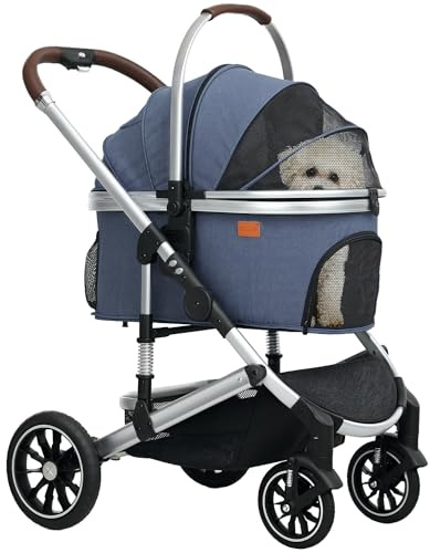 PawHut Hundewagen 3 in 1 Hundebuggy klappbar für Hunde & Katzen bis 10 kg Katzenbuggy mit Kissen Netzfenstern Türen Aufbewahrungskorb Katzenwagen Buggy Dunkelblau