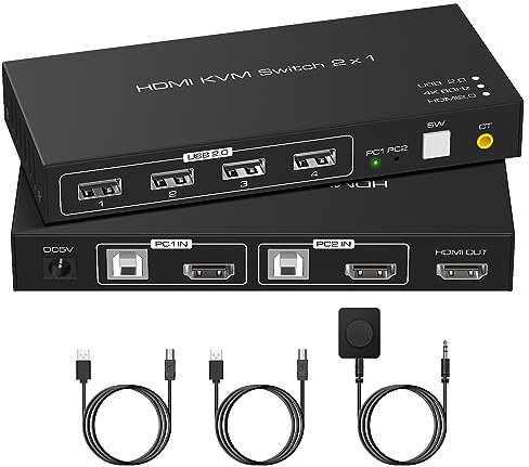 VPFET KVM Switch HDMI 2 Porte 4K 60HZ Switch KVM 2 PC 1 Monitor Commutatore Condividi 4 USB2.0 Supporta la Commutazione dei tasti e il Controllo del Cavo Esterno La Confezione Include 2 cavi USB2.0