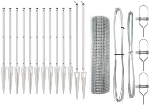 vidaXL Set of hot-dip galvanised steel fence posts with mesh roll, 25 x 0.5 m, durable metal, modern design for garden and property fence installation