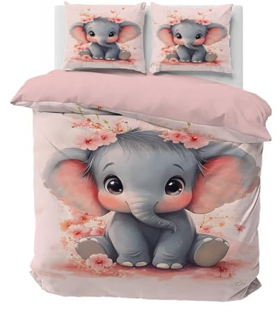 CCZM Elefante Copripiumino Matrimoniale 240x220 Fiore Di Pesco, Biancheria da Letto Animali Carini in Microfibra, 1 Parure Copri Piumone Elefante con 2 Federe 50x80 cm con Cerniera, A-138