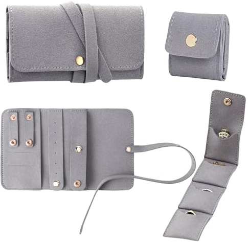 shirylzee 2Pcs Jewellery Pouches, Mini Travel Jewellery Pouch Travel Jewel Roll, Leather Jewelry Roll Auxiliaryn Jewelry Bag with Buckle, Travel Jewellery Case for Women Ring Earring (Gray)