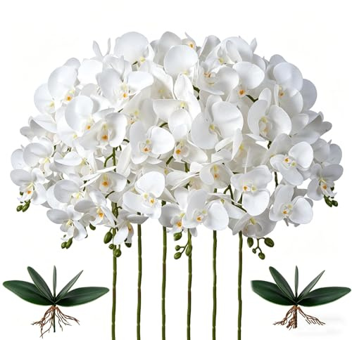 Fairblo 6PCS Flores Artificiales Orquídeas Phalaenopsis Artificiales Realistas 81 cm con Tallo Largo, 2 Hojas,Artificial Orquídeas para Decoración Bodas, Arreglos Florales, Hogar y Manualidades (DIY)