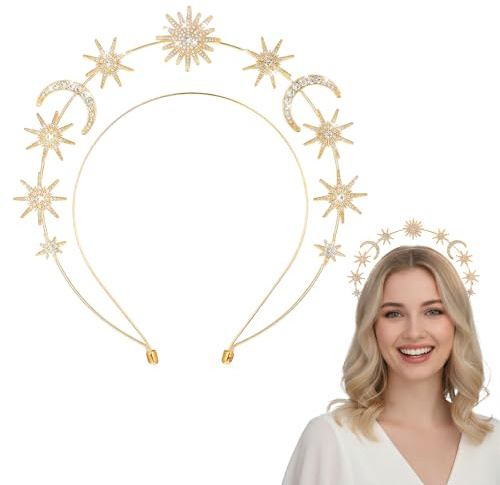 Gold Moon Star Halo Headband, Crystal Moon Star Headband, Gold Rhinestone Goddess Crown Headpiece, Glitter Tiaras Hair Accessories for Women Bridal Wedding Cosplay Party