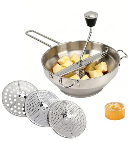 Jenngaoo Passiermühle Edelstahl mit 3 Lochscheiben Manuelles Püriergerät | Passiermühle aus Rostfreiem Passiergerät mit Scheiben Volumen für Obst Gemüse