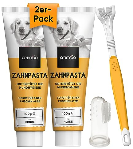 Dog Toothbrush and Toothpaste Kit - 2X Dog Toothpaste for Plaque and Fresh Breath (100g Each), 1x Triple-Head Dog Tooth Brush to Remove Tartar & 1x Dog Finger Toothbrush - Dog Teeth Cleaning Products