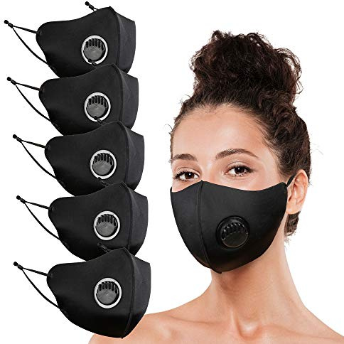 (5 PACKS) 3D Protection Cover Face Mask with Breathing Valve & Elastic Earloop, 4-way Stretch, Washable Reusable (5)