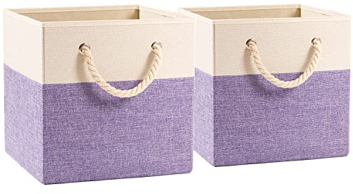 Prandom Grands bacs de rangement cubiques pliables 33x33x33 cm[2-paquet] Paniers en tissu et en lin,tiroir avec poignées en coton Organisateur d'étagères pour placard à jouets Violet