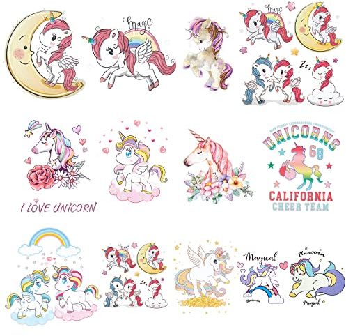 CREATCABIN 13Pcs Unicorns Iron-On Transfer Heat Iron Patches Rainbow DIY Cute Eco-Friendly Appliques Decorations for Clothes T-Shirt Dress Pants Hats Jeans Bags
