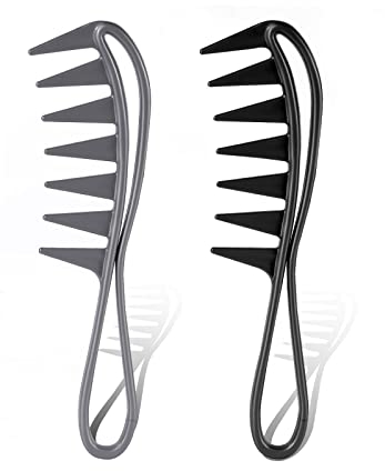 2Pcs Wide Tooth Comb, Large Tooth Combs Wide Tooth Curl Comb Shark Teeth Hair Hairstyle Tool for Curly Wet Wavy Thick Hair Wigs Barber Salon, Women Men (Black, Grey)