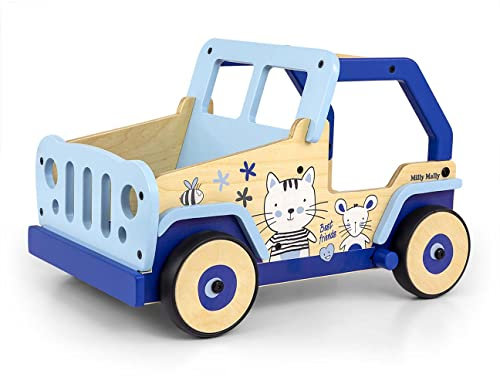 Milly Mally Explorer barn gåvagn trä baby push pull gåstol leksak för 1–3 år löparvagn katt och mus