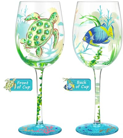 NymphFable 15oz Bunte Weingläser Meeresschildkröten Unterwasserwelt 100% Handbemaltes Glas Geschenkideen Für Freund Familie