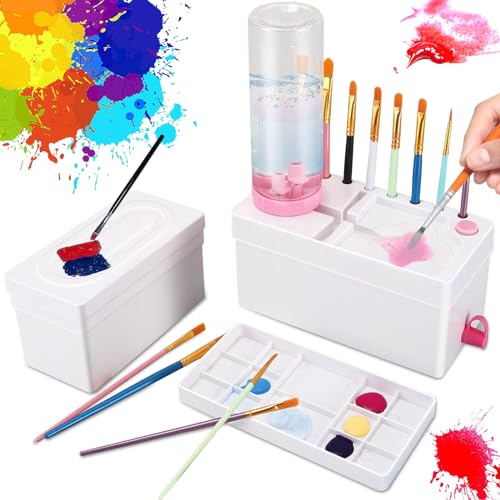 Paint Brush Cleaner, Upgraded 4-in-1 Painting Supplies, Paint Brush Holder with Palette, Brush Rinser for Acrylic, Watercolor, and Water-Based Paints, Drawing and Art supplies, Paint Puck (Pink)