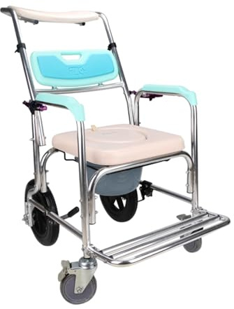 JITEM Chaise Percée Fauteuil Roulant de Douche 4 en 1 inclinable de 15 ° à 45 °, Chaise de shampoing avec Appui-tête et Pot, Chaise roulante de Transport réglable pour Personnes âgées Handicapé