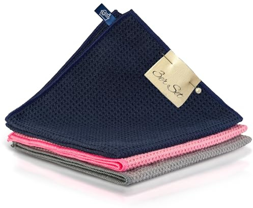 fenchi's AUSTRIA AquaSorb Waffeltuch, Mikrofaser Trockentuch, Premium (3 Stück, 40x40 cm) superweiche Qualität für Glas, Küche, Geschirr, Bad, Auto (Blue/PINK/Grey)