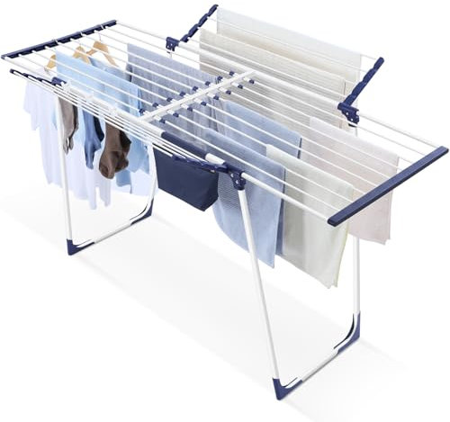 SYKIARIOL Clothes Airer, Extendable Clothes Drying Rack, Foldable Gullwing Laundry Rack Indoor, 10pcs Clips with Bag, Collapsible Space-Saving Drying Rack for Clothes, White