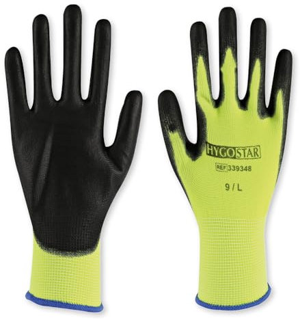 FRANZ MENSCH 24 Stück Hygostar Feinstrickhandschuhe Neon Ace | PU-Beschichtung, Packung, gelb-schwarz, 10/XL, L: 26cm, Arbeitshandschuhe, Montagehandschuhe, Nylonhandschuhe