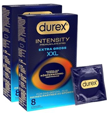 Durex Intensity Extra Groß XXL Kondome - Ultra dünn plus für intensive Körperwärmeübertragung - Mit viel Silikongleitgel befeuchtet - Ohne Latex - 16er Pack (2 x 8 Stück)