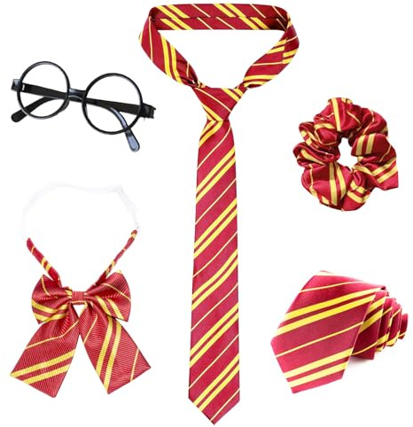 Xerteam 4 Magische Kostüm Accessoires, Rot-gelbe Gestreifte Krawatte Stirnband Runder Brillen, Wizard Kostüm Zubehör Faschingskostüm, Haarschmuck Zubehör für Karneval Cosplay Uniform