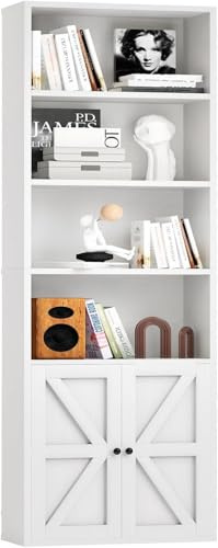 oneinmil Bücherregal, Bücherregal Weiß mit 2 Türen aus Holz, Bücherschrank Hoch mit 6 Ebenen, Küchenschrank, Standregal, für Wohnzimmer, Schlafzimmer, Büro, Arbeitszimmer