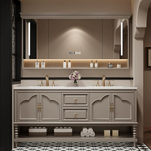 170cm Bathroom Furniture Set with Double Washbasins, Beige Vanity Cabinet & Mirror, Modern Bathroom Storage with Drawers, Stylish and Functional Design