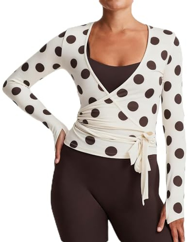 Women Cross Wrap Top Polka Dot Long Sleeve Deep V Neck Tie Workout Ballet Blouse Pilates Yoga Shirt (Multi, S)