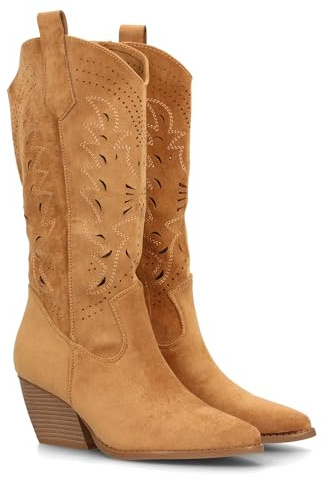 100382 Bota Alta de Mujer Estilo Cowboy con Diseno Troquelado Decorativo, Punta Fina y Tacon campero Diseno Western, Entretiempo Ideal para Uso Diario Primavera Verano Camel Talla 38