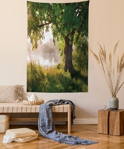 ABAKUHAUS Baum Wandteppich, Stream Mystic Foggy Szene aus Weiches Mikrofaser Stoff Waschbar ohne Verblassen Digitaldruck, 150 x 110 cm,Braun Grün Sand