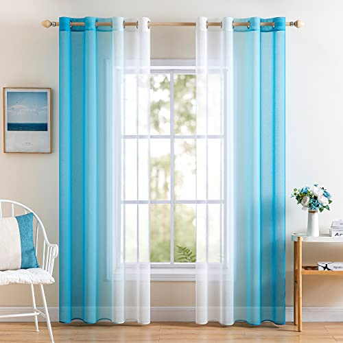 MIULEE 2er Set Voile Vorhang Zweifarbiger Vorhang mit Ösen Transparente Gardine Ösenschal Fensterschal Lichtdurchlässig für Schlafzimmer, 140x145cm, Wasserblau
