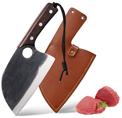 Fubinaty Hackmesser Handgeschmiedetes Metzgermesser Fleischbeil Japanisches Kochmesser Küchenmesser aus Kohlenstoffstahl mit Echtlederscheide Full Tang-Holzgriff