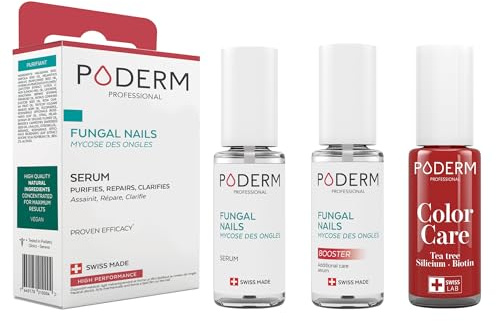 PODERM - 3 PRODOTTI - MICOSI DELLE UNGHIE TRATTAMENTO 3 in 1 | Smalto colorato Rosso vivo TEA TREE | BIO | Trattamento professionale mani/piedi | Facile e rapido | Swiss Made