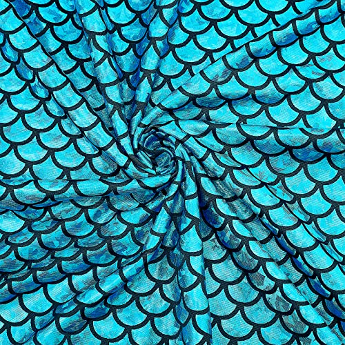 FINGERINSPIRE Tessuto a Scaglie da Sirena 100x150cm Ologramma Ciano Scuro a 2 Vie Tessuto Elasticizzato a Forma di Sirena con Stampa a Forma di Sirena per Vestiti Cucito