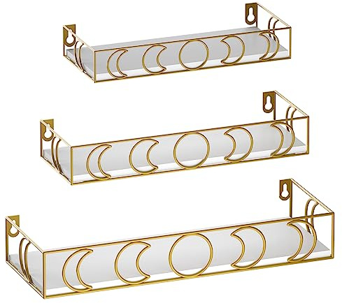 EYMPEU Wandregal 3er-Set schwebende Holzregale mit Mondphasen-Metalldekor, ideal für Küche, Bad, Büro und Wohnräume, praktische Aufbewahrung und stilvolle Dekoration, Gold