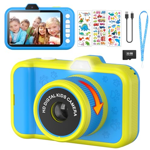 Ushining Camara Fotos Infantil, 3,5 Pulgadas de Pantalla Grande 1080P Selfie Video Camara de Fotos para Niños con Zoom Giratorio 360° Flash LED Tarjeta de 32GB, Regalo para Niños y Niñas de 3-12 Años