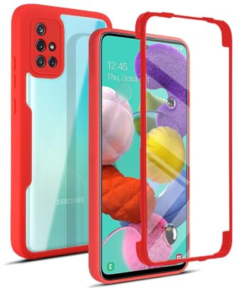 ILING Transparente Hülle für Samsung Galaxy A51 4G, 360-Grad-Ganzkörper Stoßfest Schutzhülle mit Eingebauter Displayschutz, Ultra Dünn Harte PC Silikon TPU Handyhülle (Rot)