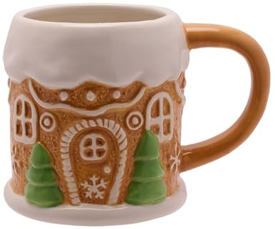 The Seasonal Gift Co - Tazza con Babbo Natale e amici, casa di pan di zenzero, marrone chiaro, stravagante regalo di Natale e articoli per la casa per tè, caffè e bevande festive.