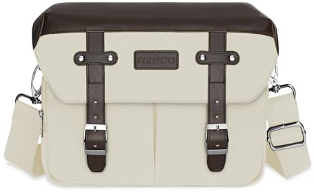 MOSISO Camera Case Crossbody Shoulder Messenger Bag, DSLR/SLR/Mirrorless Photography Vintage PU Leather Flap Gadget Bag with Rain Cover Compatible with Canon/Nikon/Sony Camera and Lens, Beige