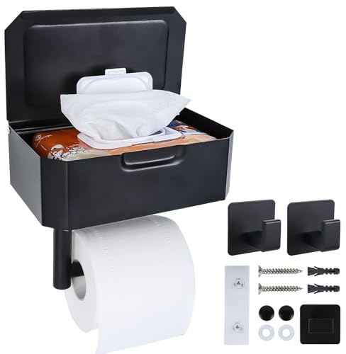Cozary Porte Papier Toilette Mural, Support Papier Toilette sans Perçage,Autoadhésif,Porte Rouleau Papier Toilettes avec Étagères et Boîte à Lingettes Humides pour Salle de Bain,Acier Inoxydable,Noir