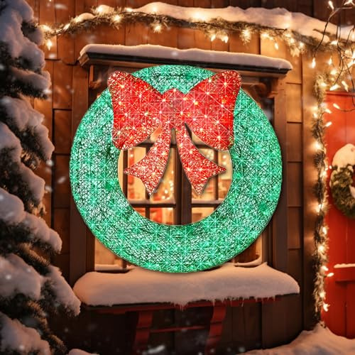 36in Christmas Wreath Decorations Outdoor - Christmas Yard Decorations with 128 Warm White LED Lights with Bow, All Weather Green Wreath for Front Doors, Gardens, Shopfronts.