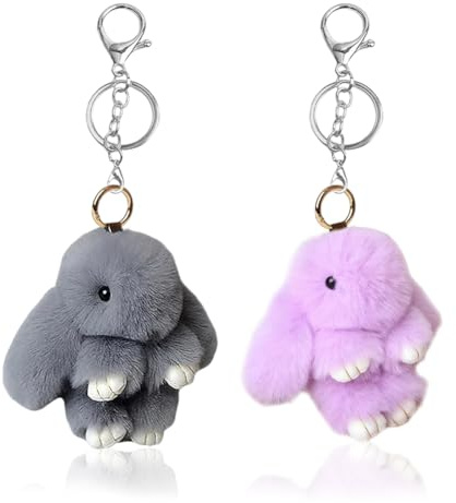 2PCS Adorable Porte-clés Lapin en Pluh,Clés En Fausse Fourrure Porte Clés Mignon En Peluche Lapin Porte,Décoration de Pompon en Peluche (Violet et gris)
