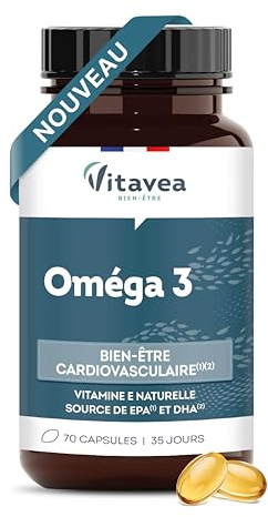 Vitavea Bien-être - Oméga 3 - Huile de Poissons Sauvages Qualité Premium - Source d'EPA et DHA et Vitamine E - Bien-être cardiovasculaire - 70 Capsules - 35 jours de cure - Fabriqué en France