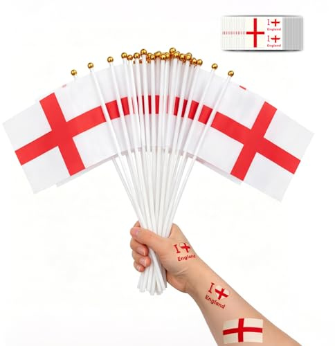 LIANRISES 30Piezas Banderas PequeñAs de Inglaterra(14x21cm) & 30Hojas Tatuajes Temporales para Decoraciones de la Copa Mundial, San Jorge, Eventos Deportivos, Día Nacional, Desfile, Fiesta de Fútbol