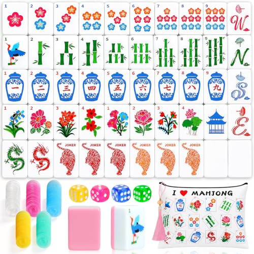Mahjong Tile Set, 168 Mahjongs Game Set with 4 Dice and Carrying Travel Bag | Portable Mahjongs Set for Travel Parties Family Leisure Time (1.2)